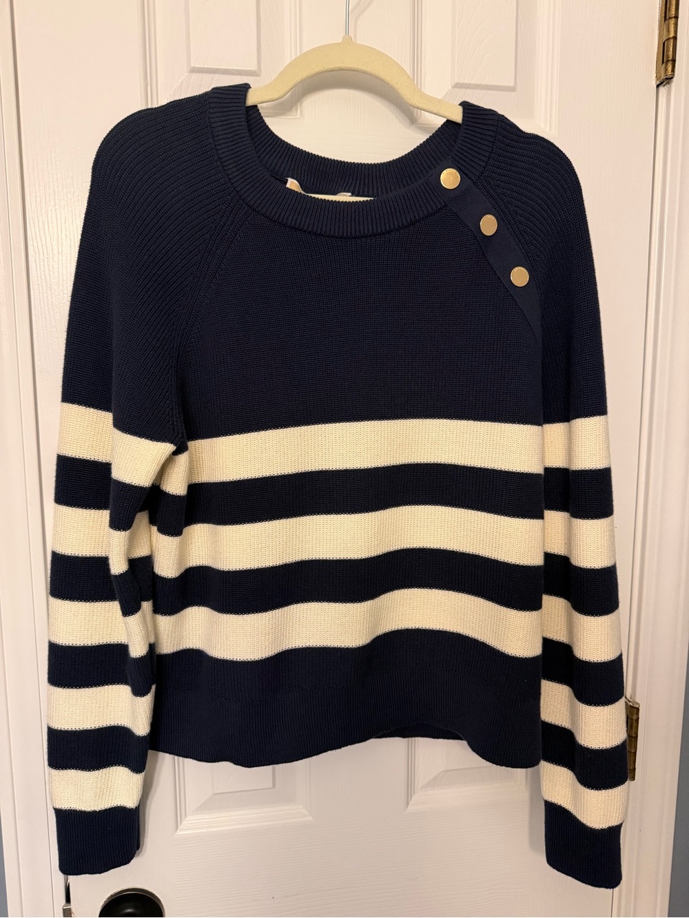 NWT Michael Kors Navy and Cream Striped Button-Shoulder Sweater